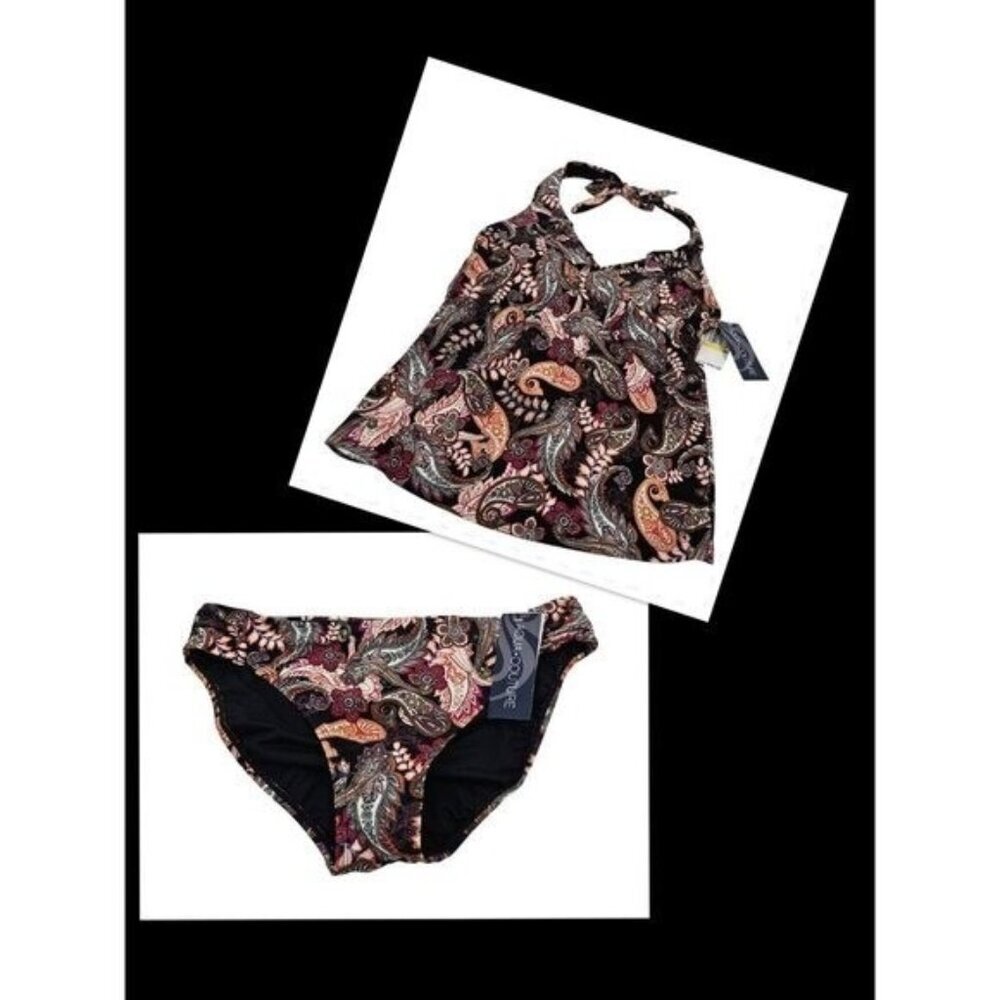 New Aqua Couture Caravan Paisley Ruffle Tankini Black Multicolor Womens M/L